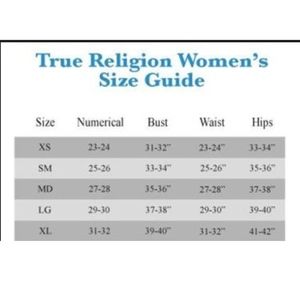 true religion jeans women's size chart